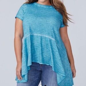 LANE BRYANT Short-Sleeve Aqua Peplum Top w Shark-bite Hem